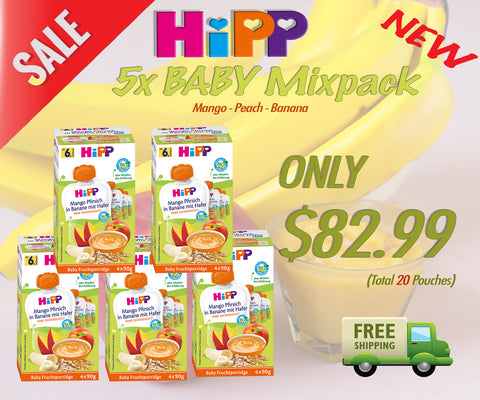 HIPP Fruit Pouch Porridge Mango-Peach in Banana with Oats from 6 Months 4x90g