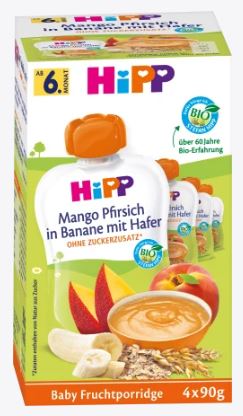 HIPP Fruit Pouch Porridge Mango-Peach in Banana with Oats from 6 Months 4x90g